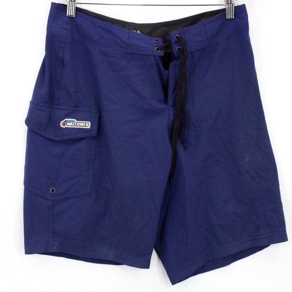 Original Waterman Mens Shorts Blue Swim Trunks Lifeguard Pockets Drawstring 32" - Picture 1 of 7